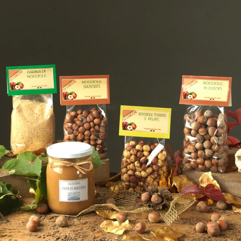 pack of hazelnut-flavored products online store tulip composition with hazelnut paste and flour, hazelnuts with shell, peeled, salted and peeled