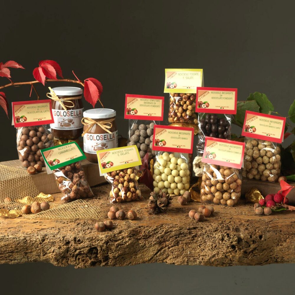 online assortment of products with hazelnuts with hazelnuts covered with chocolate and other flavors, hazelnut creams, toasted hazelnuts